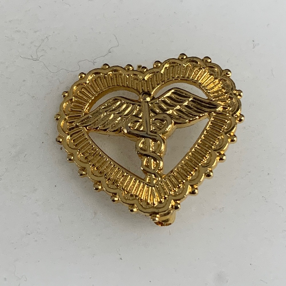 Gold Tone Heart Caduceus Brooch Medical Nurse Doctor Pin 77